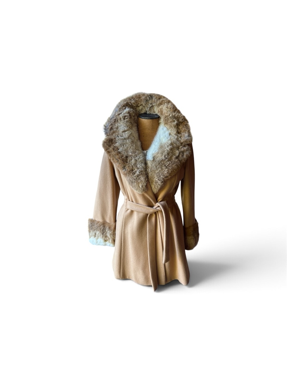 Vintage Women's Camel rabbit Fur Collar Belted Trench Coat